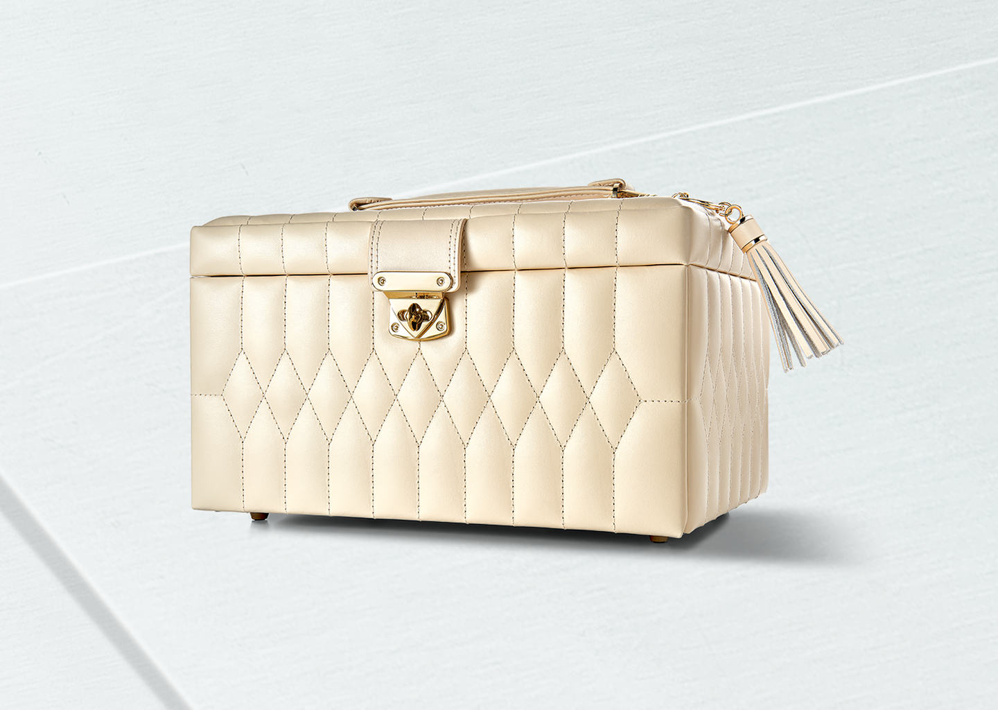 A leather WOLF jewelry storage box on a light blue background